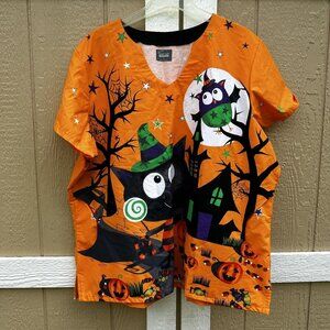 Butter-Soft Originals Plus Size 3XL Halloween Scrub Top Orange Black Witch Cat